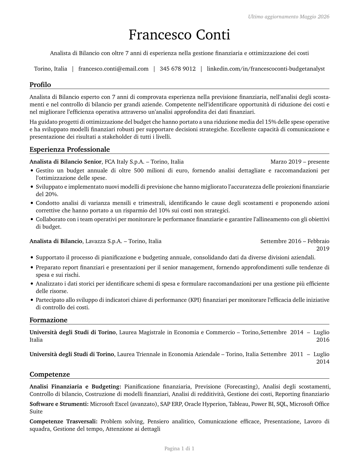 Budget Analysts CV in Italian — page 1