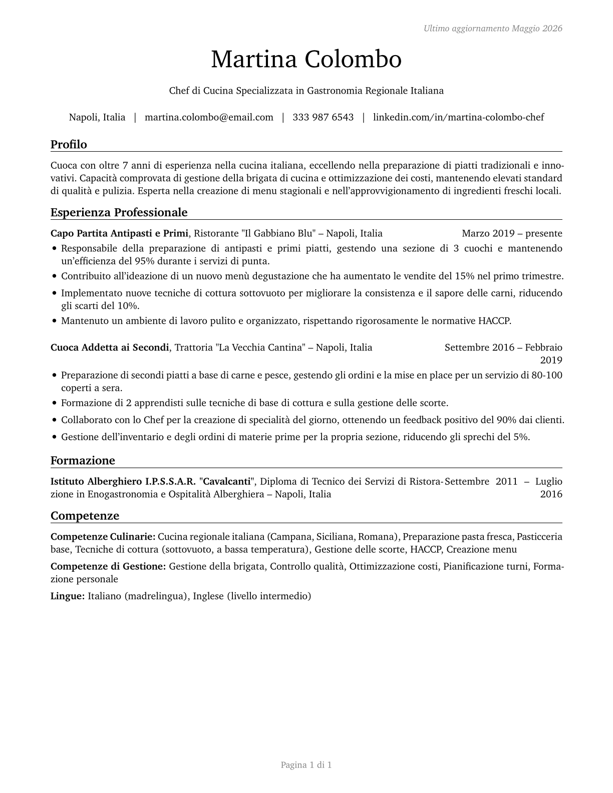 Cooks, Restaurant CV in Italian — page 1