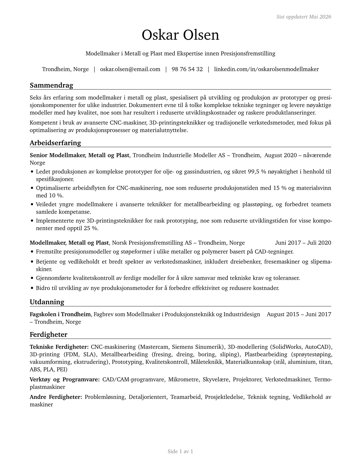 Model Makers, Metal and Plastic CV in Norwegian_bokmal — page 1