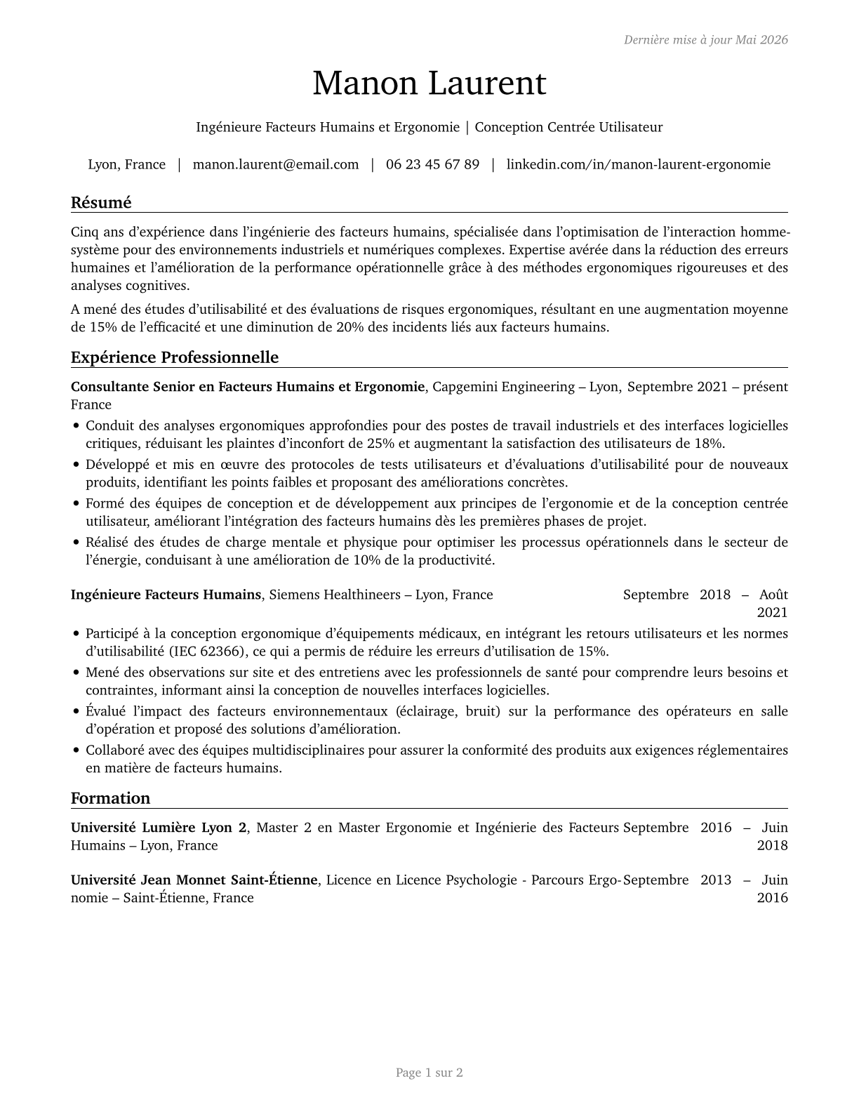 Human Factors Engineers and Ergonomists CV in French — page 1