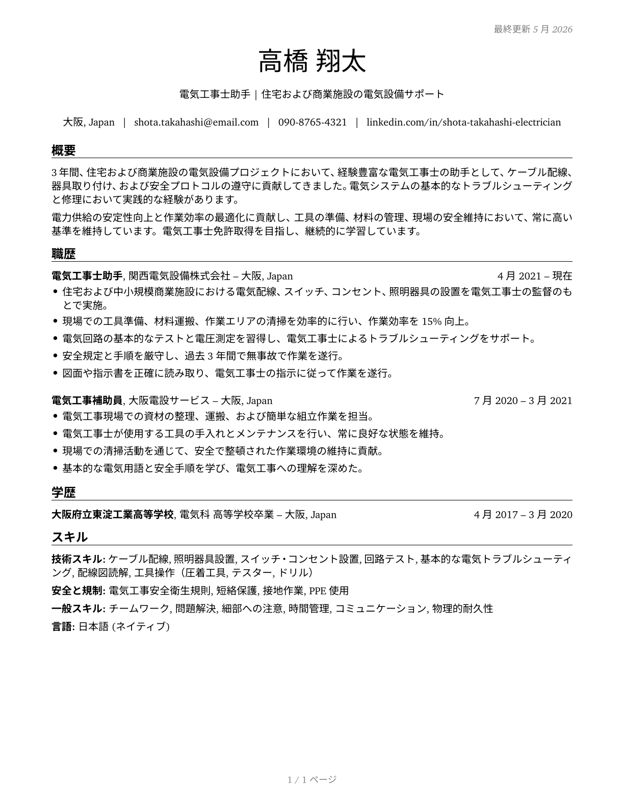 Helpers--Electricians CV in Japanese — page 1