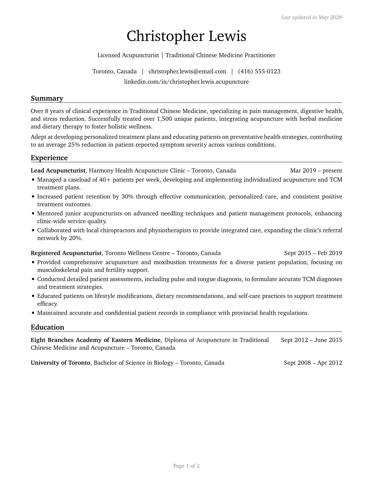 Acupuncturists CV in English — page 1