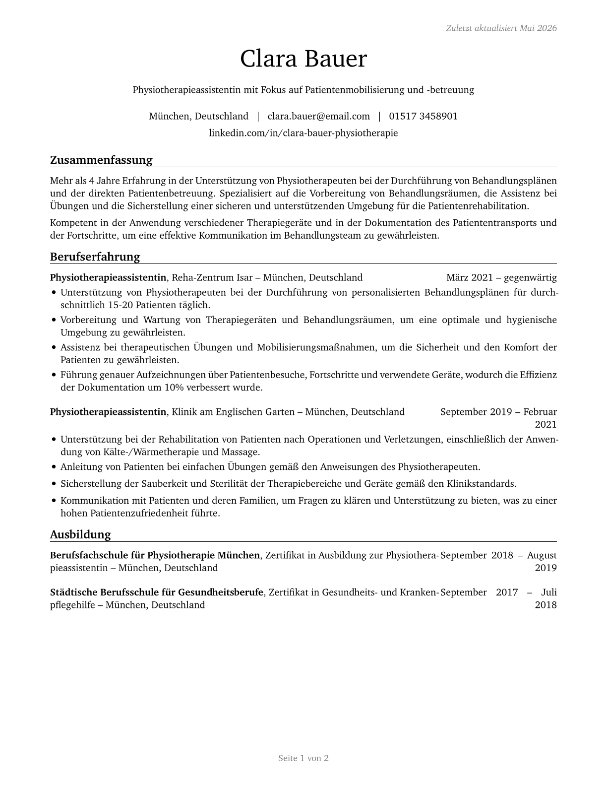Physical Therapist Aides CV in German — page 1