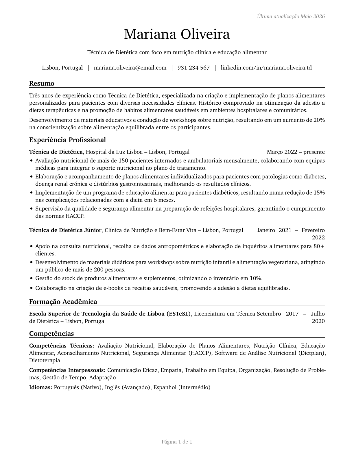 Dietetic Technicians CV in Portuguese — page 1