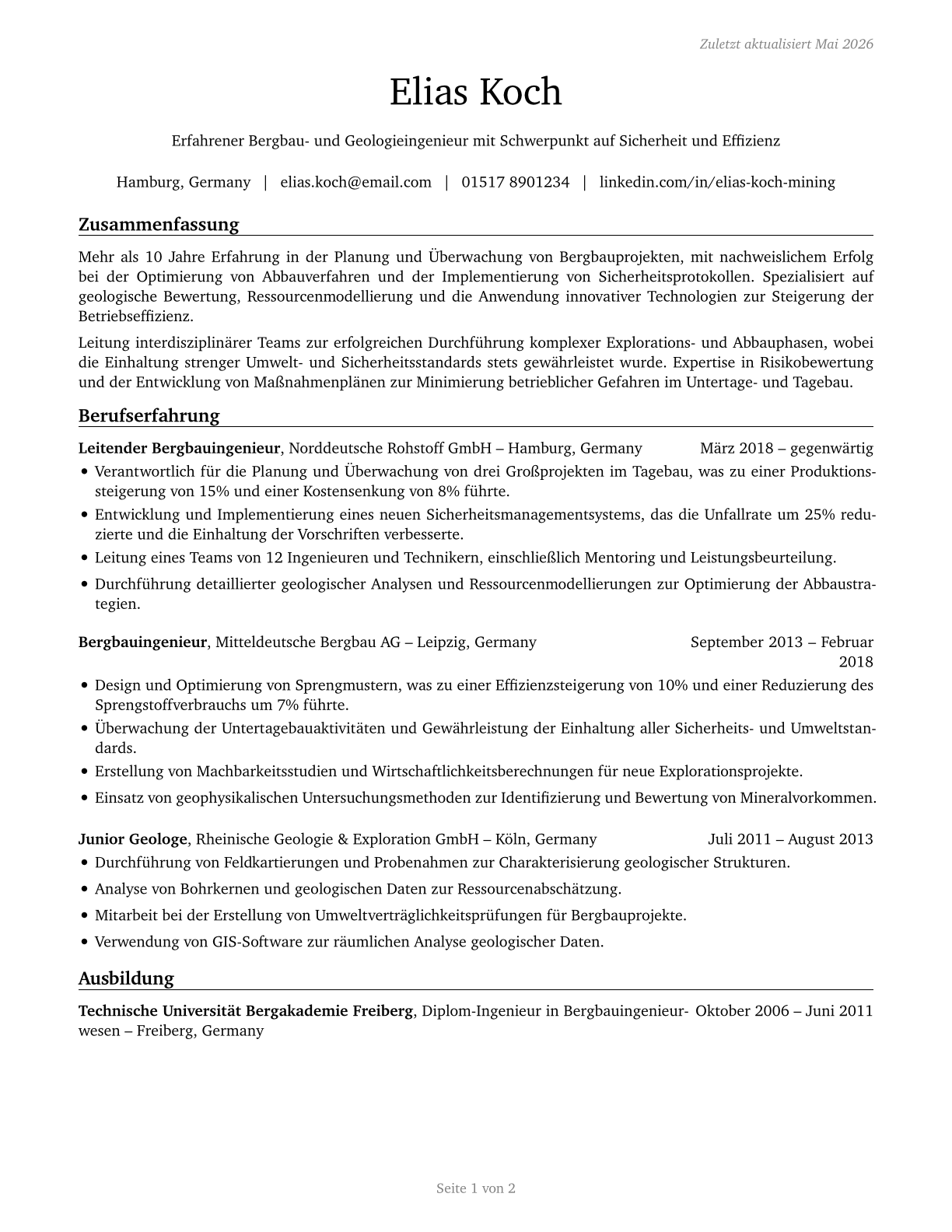 Mining and Geological Engineers, Including Mining Safety Engineers CV in German — page 1