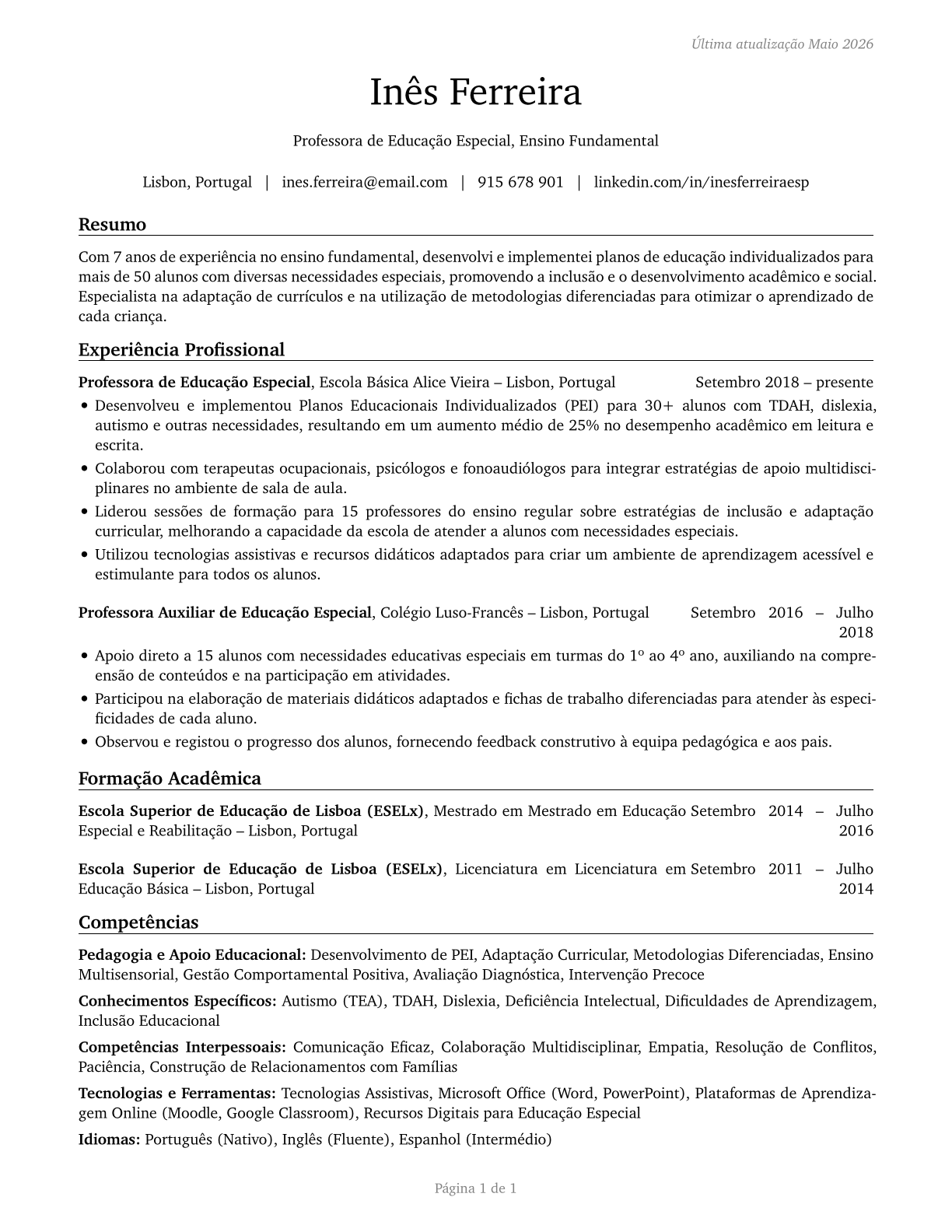 Special Education Teachers, Elementary School CV in Portuguese — page 1