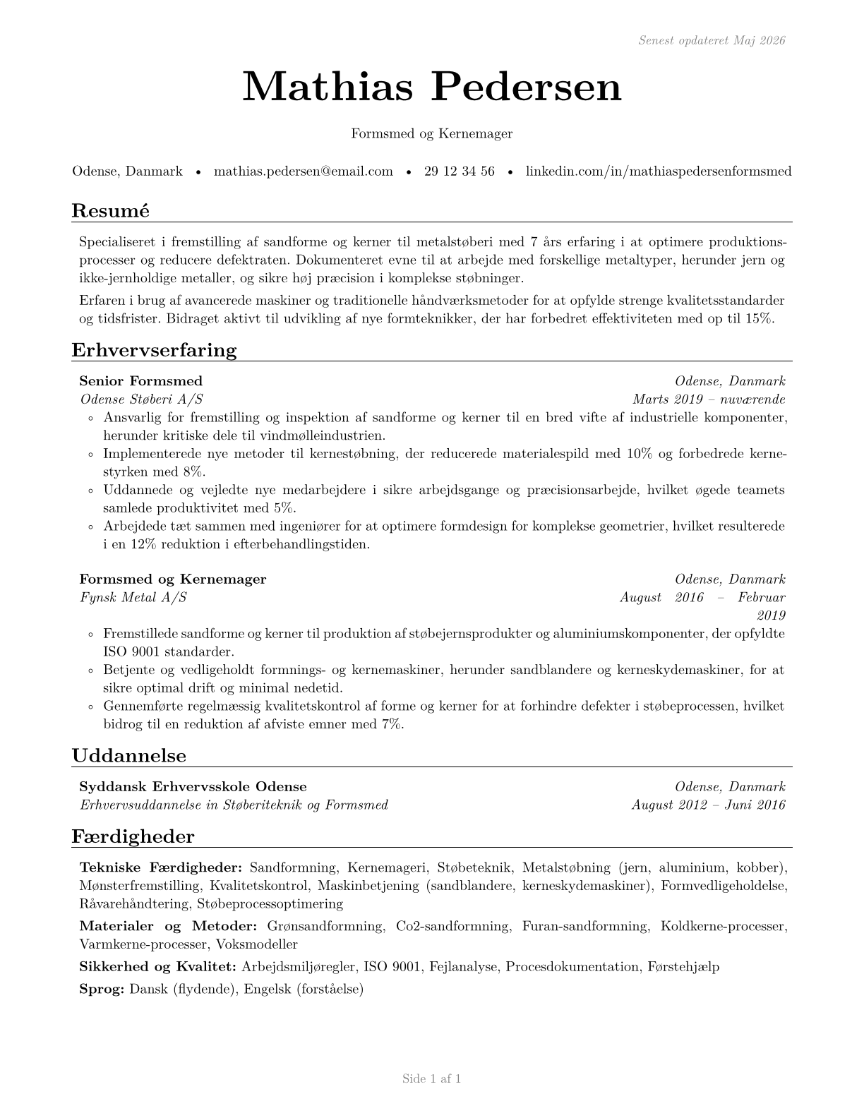 Foundry Mold and Coremakers CV in Danish — page 1