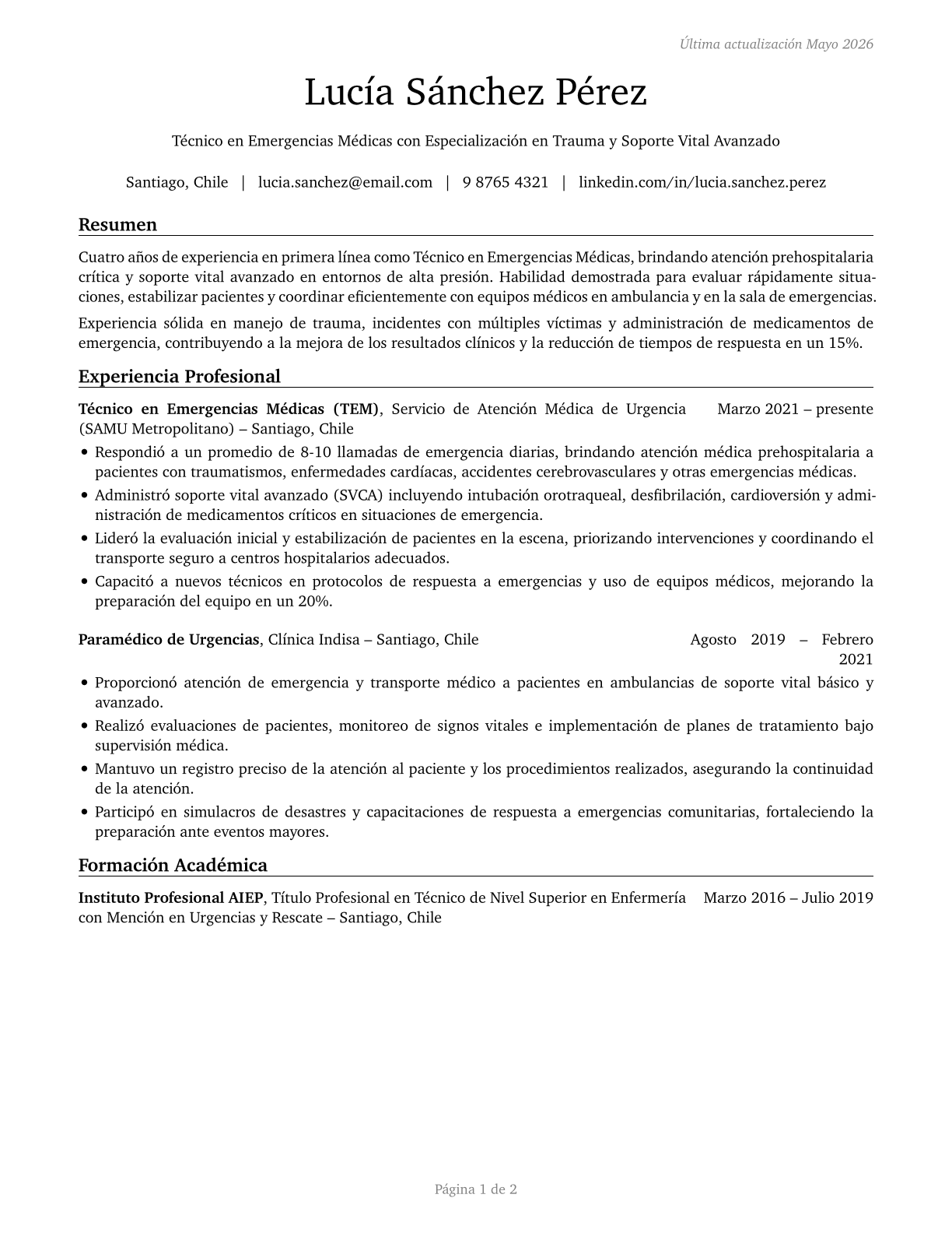 Emergency Medical Technicians CV in Spanish — page 1
