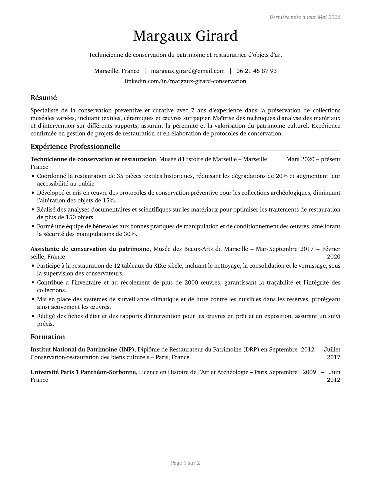 Museum Technicians and Conservators CV in French — page 1