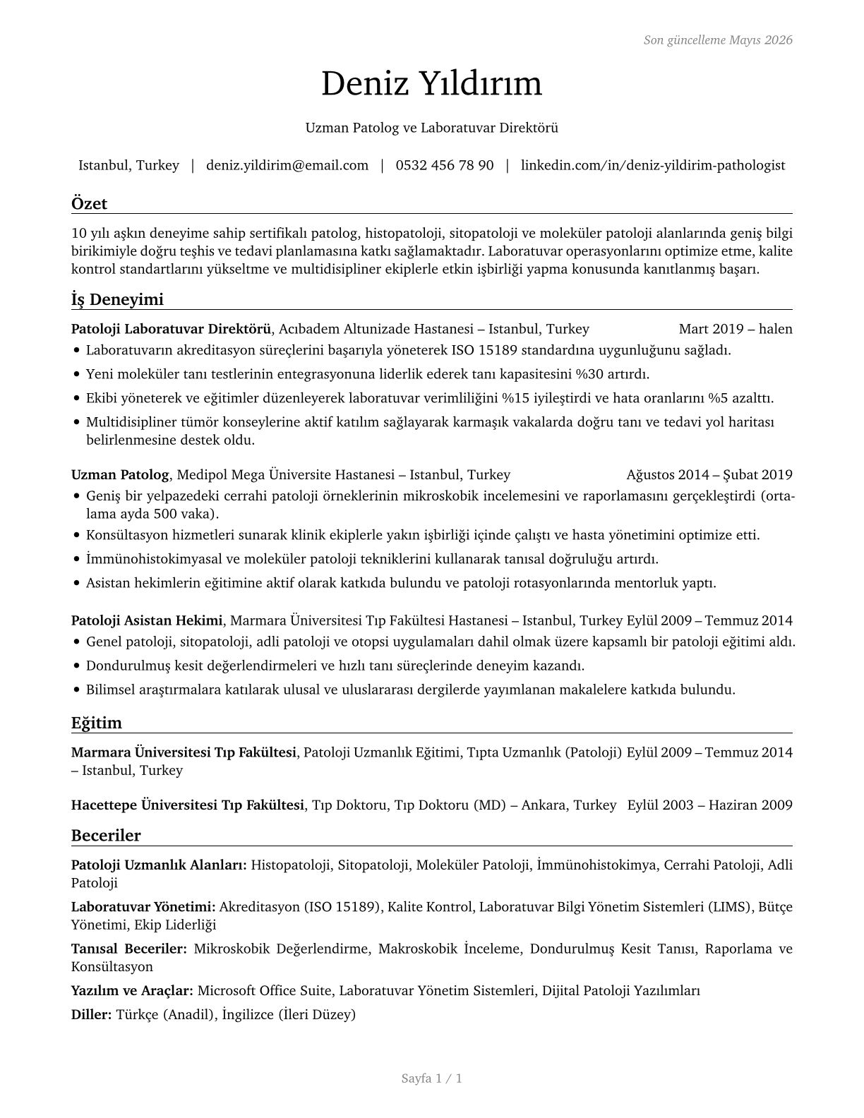 Physicians, Pathologists CV in Turkish — page 1