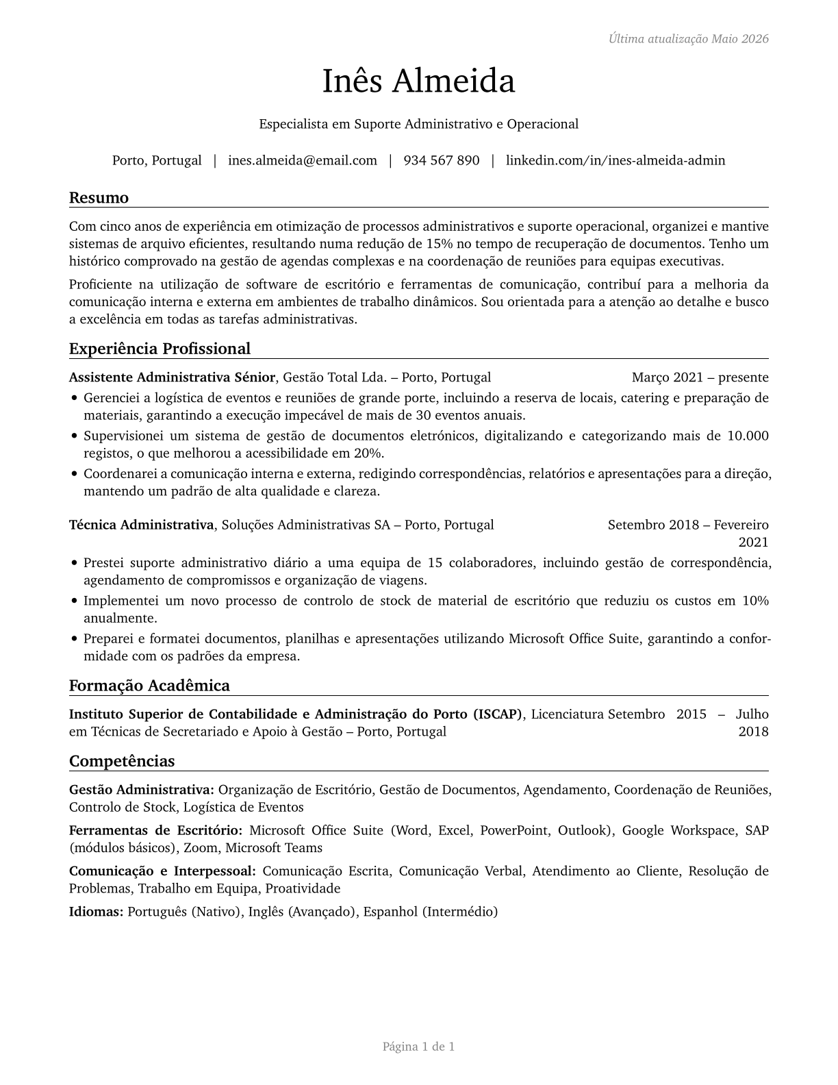 Office and Administrative Support Workers, All Other CV in Portuguese — page 1