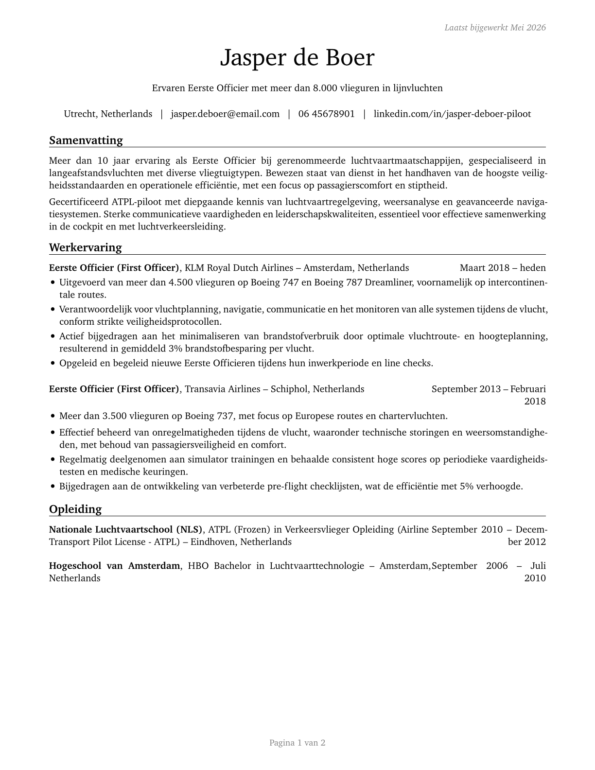 Airline Pilots, Copilots, and Flight Engineers CV in Dutch — page 1