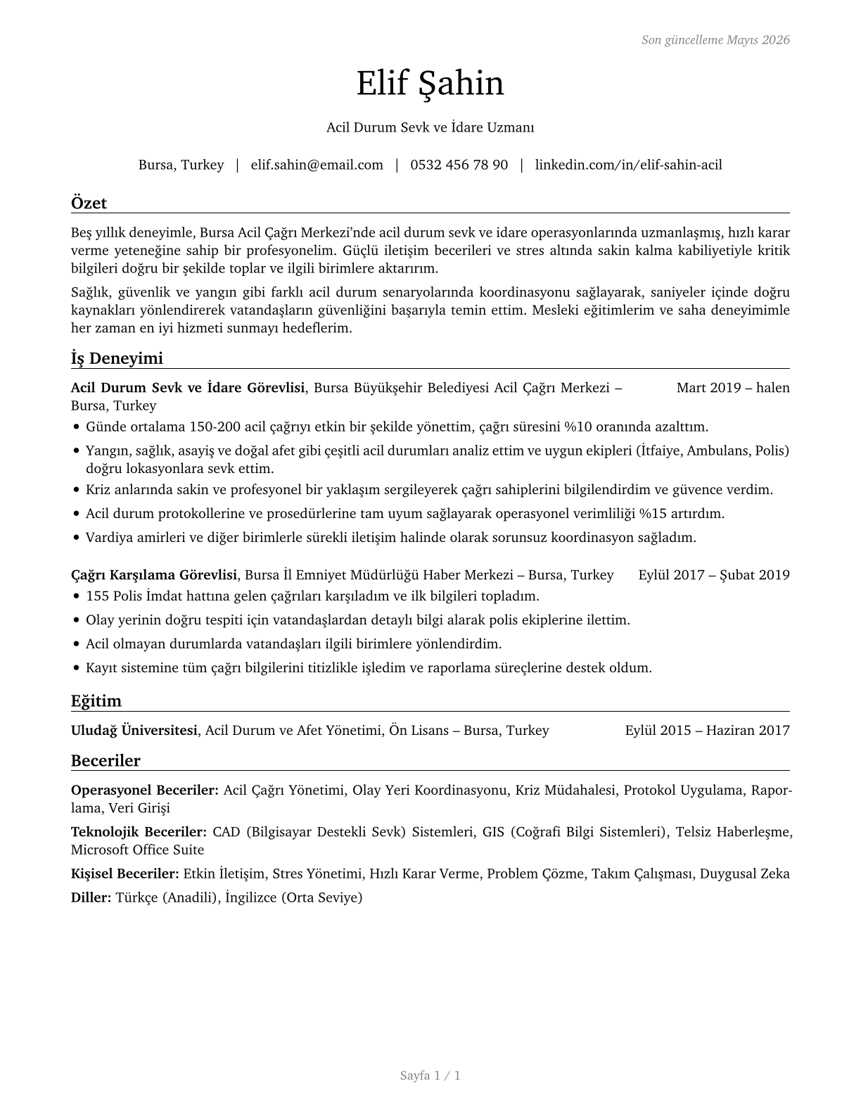 Public Safety Telecommunicators CV in Turkish — page 1