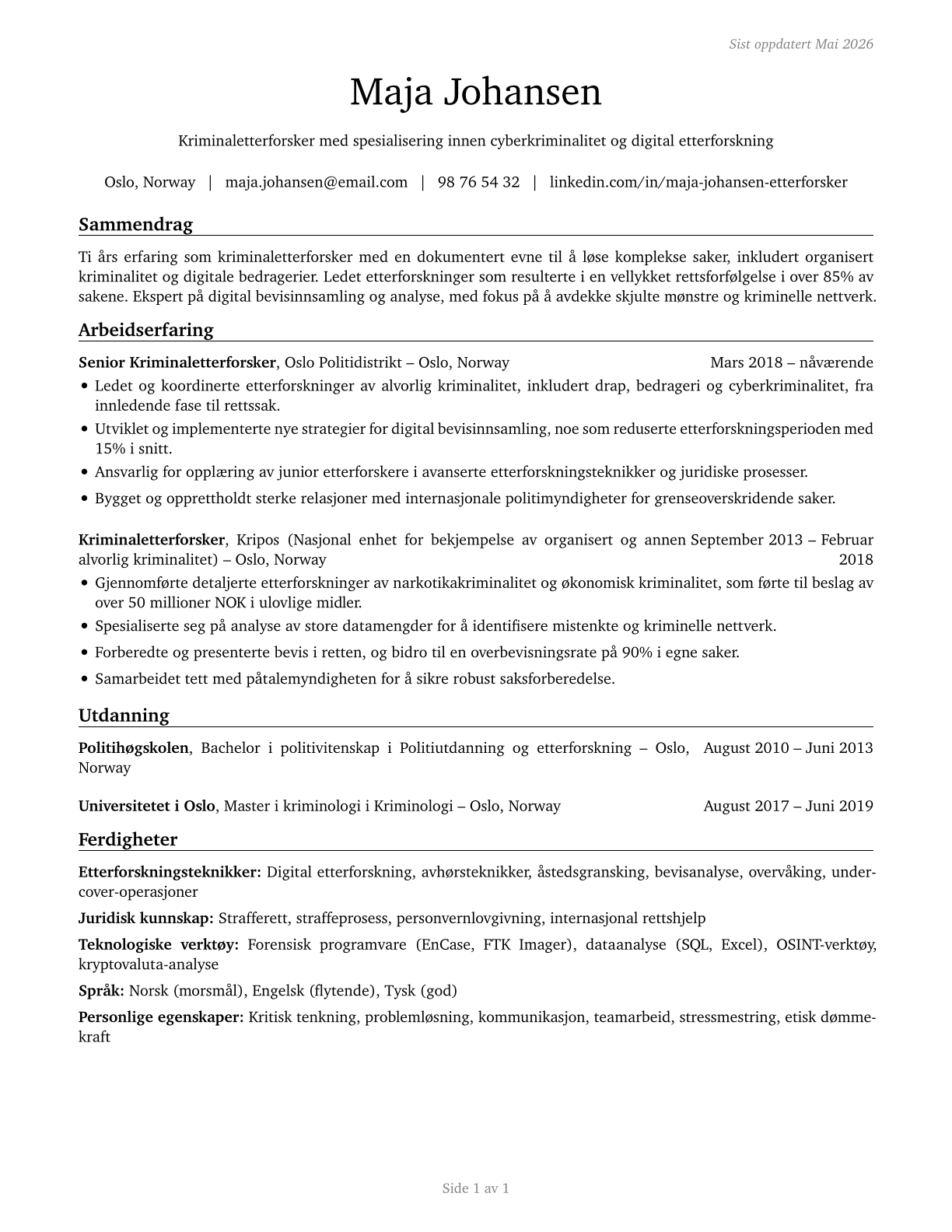Detectives and Criminal Investigators CV in Norwegian_bokmal — page 1