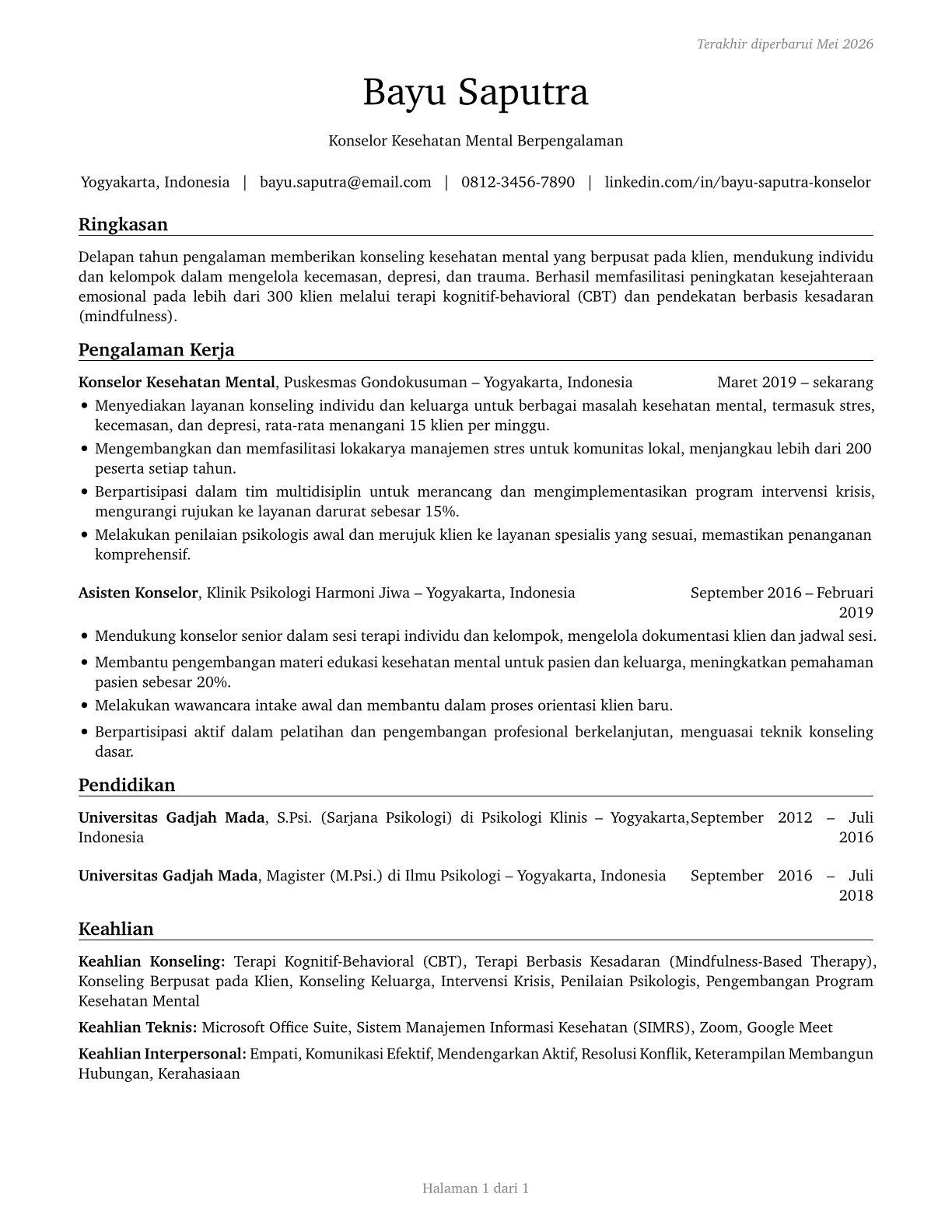 Mental Health Counselors CV in Indonesian — page 1