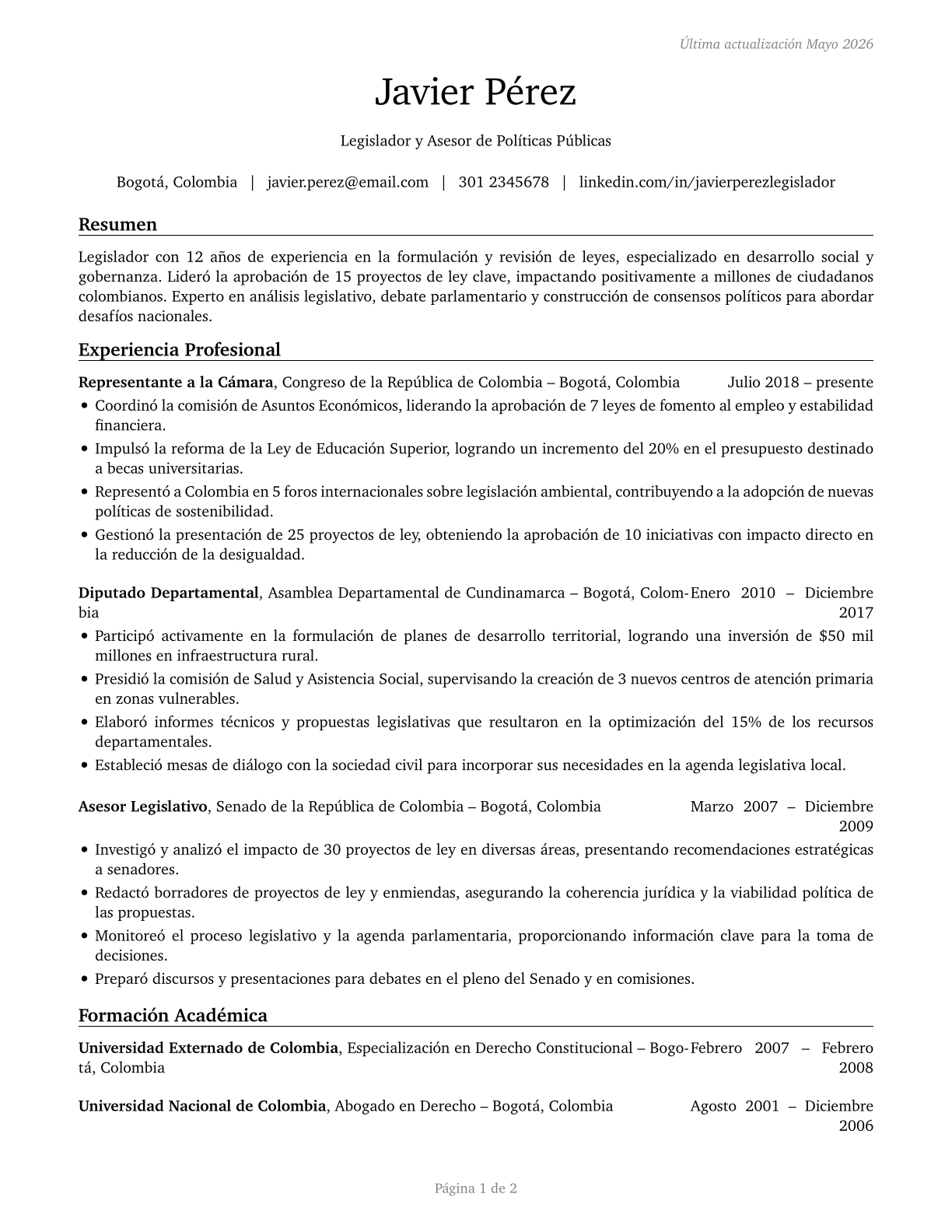 Legislators CV in Spanish — page 1
