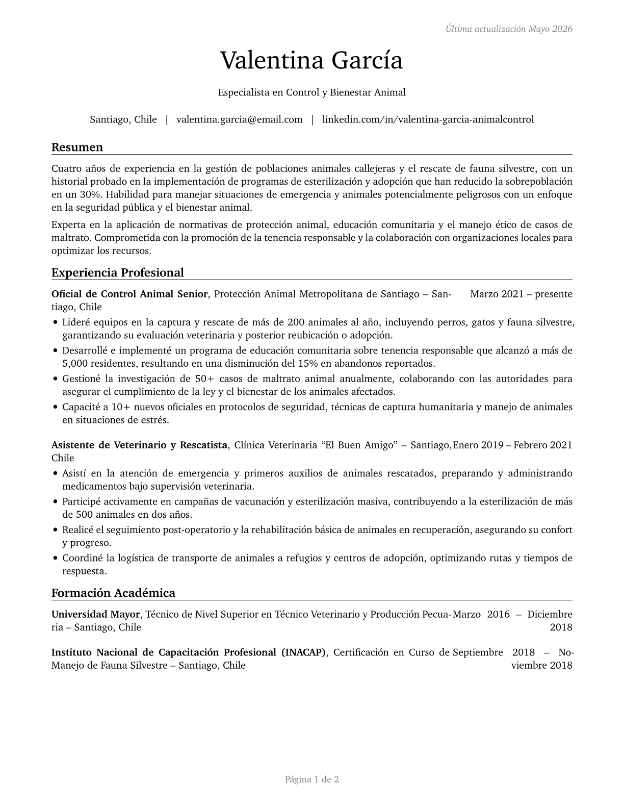 Animal Control Workers CV in Spanish — page 1