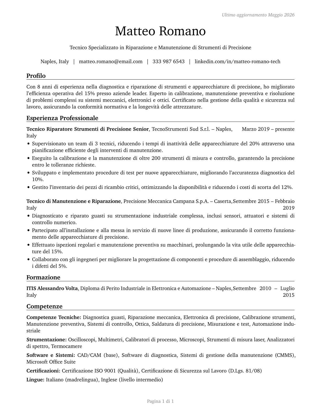 Precision Instrument and Equipment Repairers, All Other CV in Italian — page 1