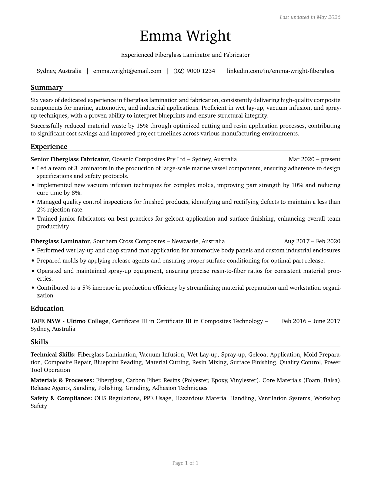 Fiberglass Laminators and Fabricators CV in English — page 1
