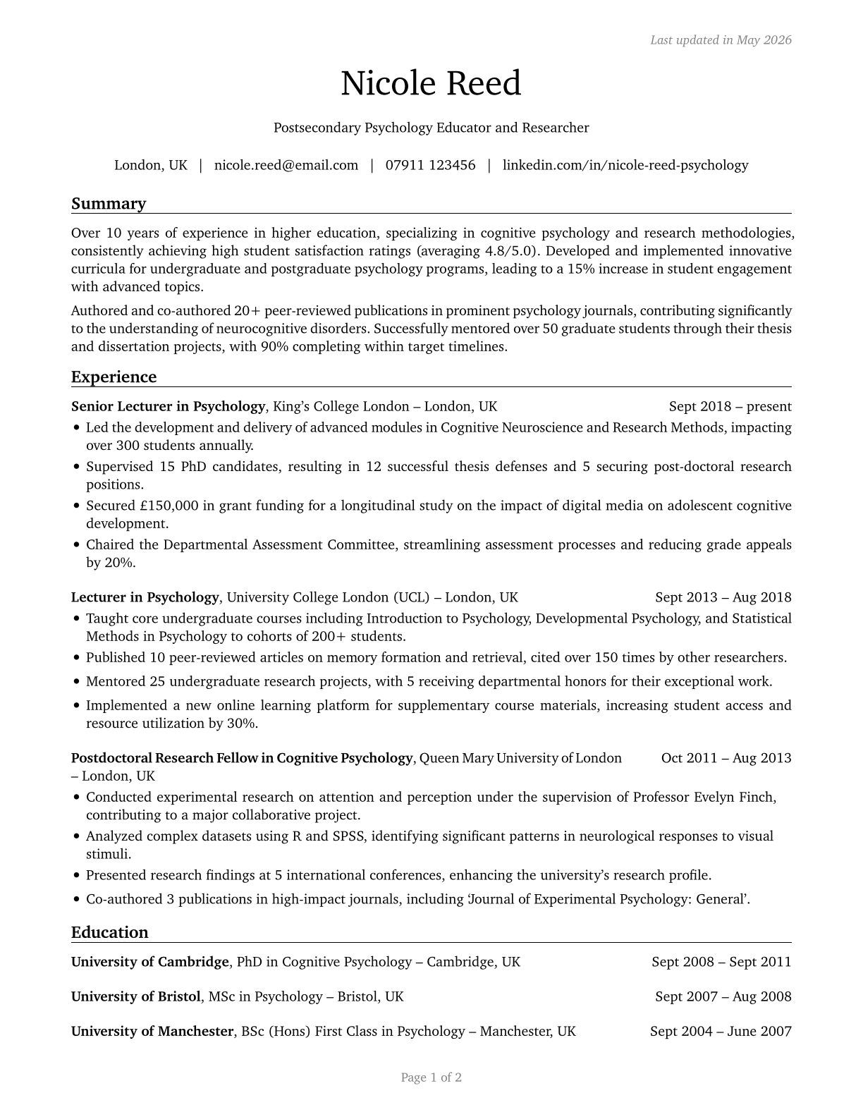 Psychology Teachers, Postsecondary CV in English — page 1