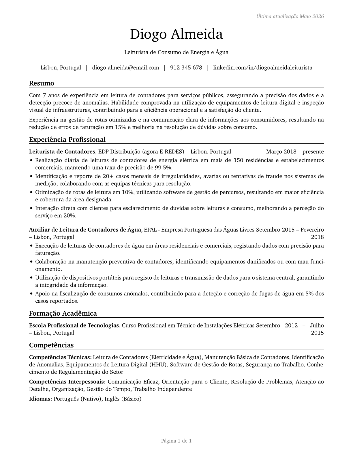 Meter Readers, Utilities CV in Portuguese — page 1