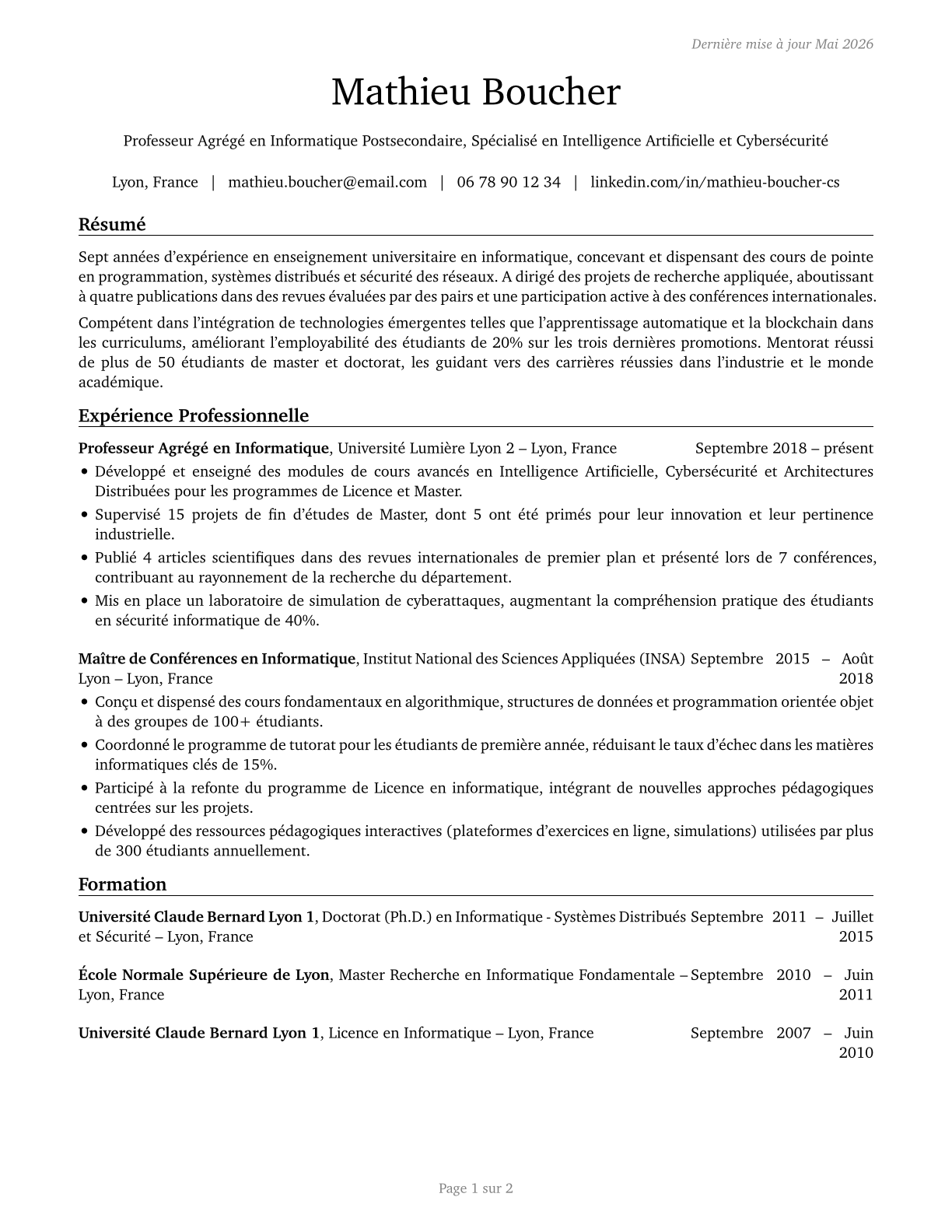 Computer Science Teachers, Postsecondary CV in French — page 1