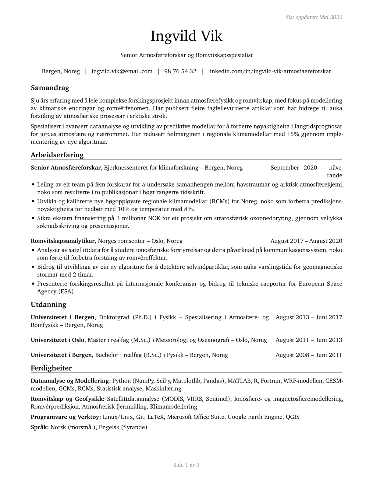 Atmospheric and Space Scientists CV in Norwegian_nynorsk — page 1