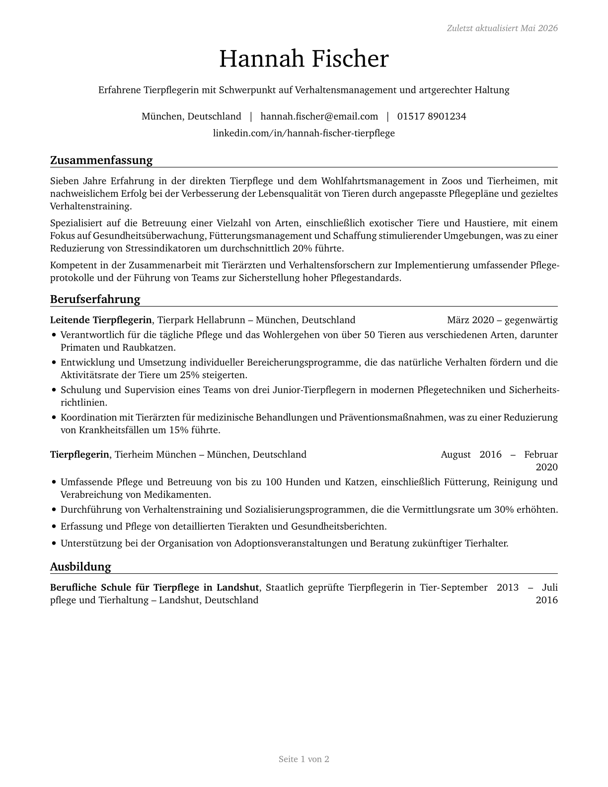Animal Caretakers CV in German — page 1