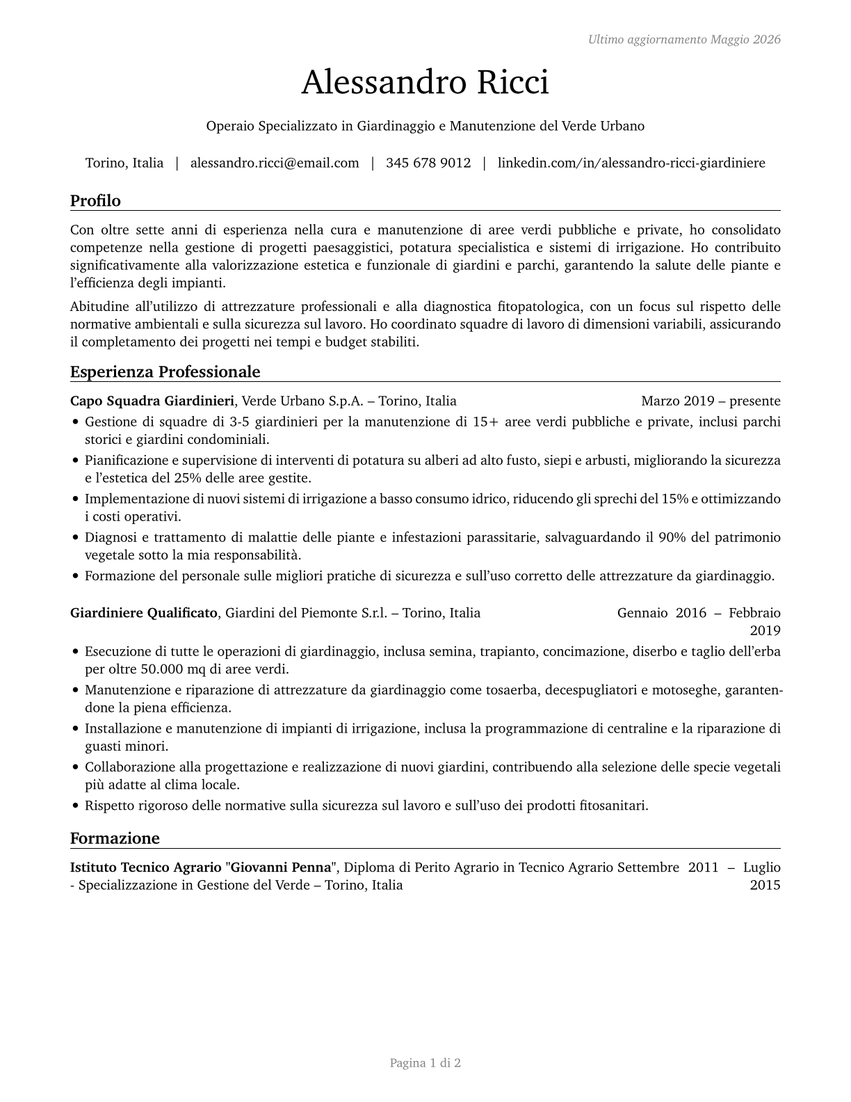 Landscaping and Groundskeeping Workers CV in Italian — page 1