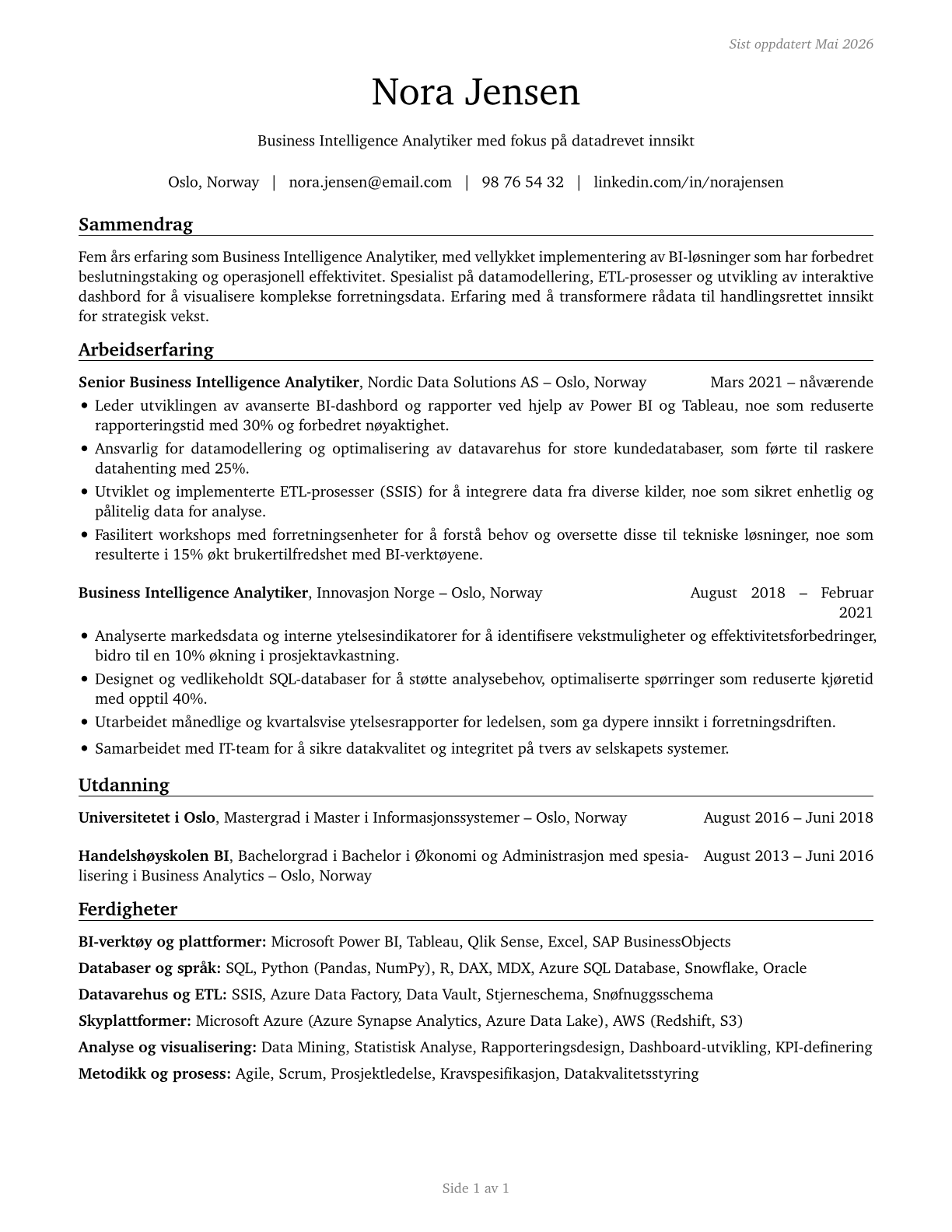 Business Intelligence Analysts CV in Norwegian_bokmal — page 1