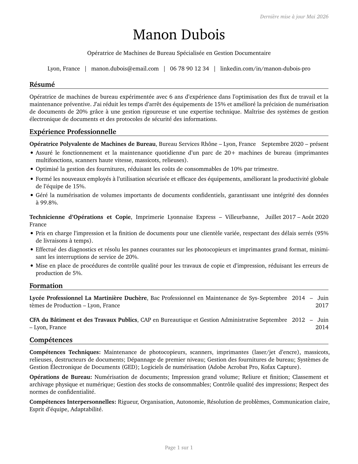 Office Machine Operators, Except Computer CV in French — page 1