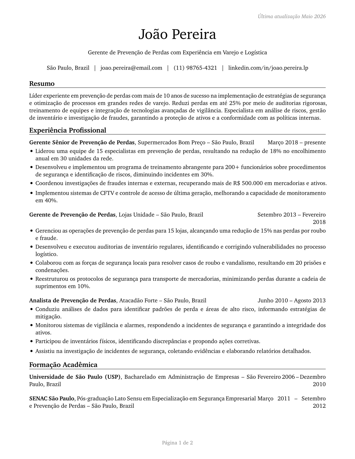 Loss Prevention Managers CV in Portuguese — page 1
