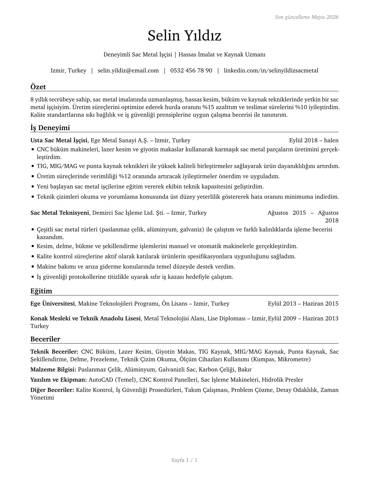 Sheet Metal Workers CV in Turkish — page 1