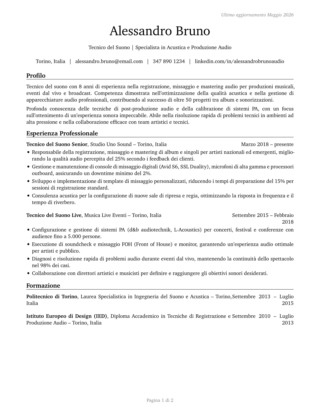 Sound Engineering Technicians CV in Italian — page 1