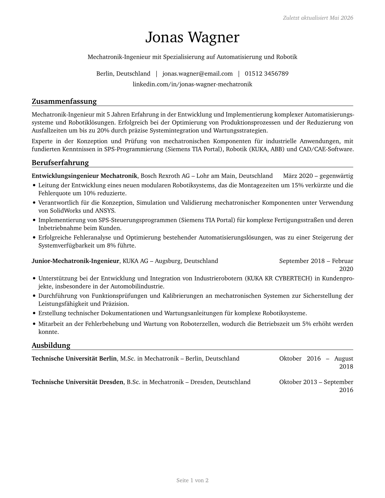 Mechatronics Engineers CV in German — page 1