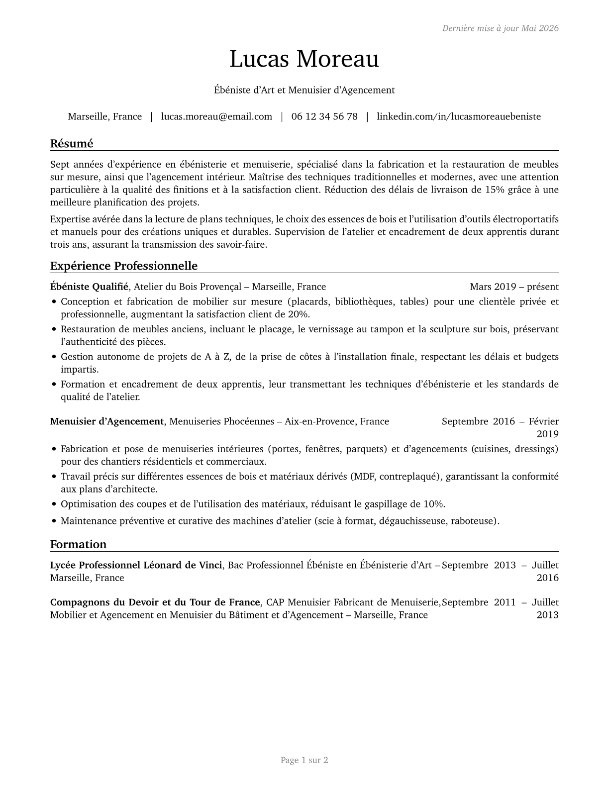 Cabinetmakers and Bench Carpenters CV in French — page 1