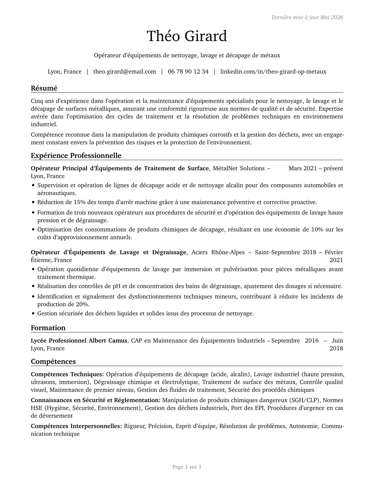 Cleaning, Washing, and Metal Pickling Equipment Operators and Tenders CV in French — page 1
