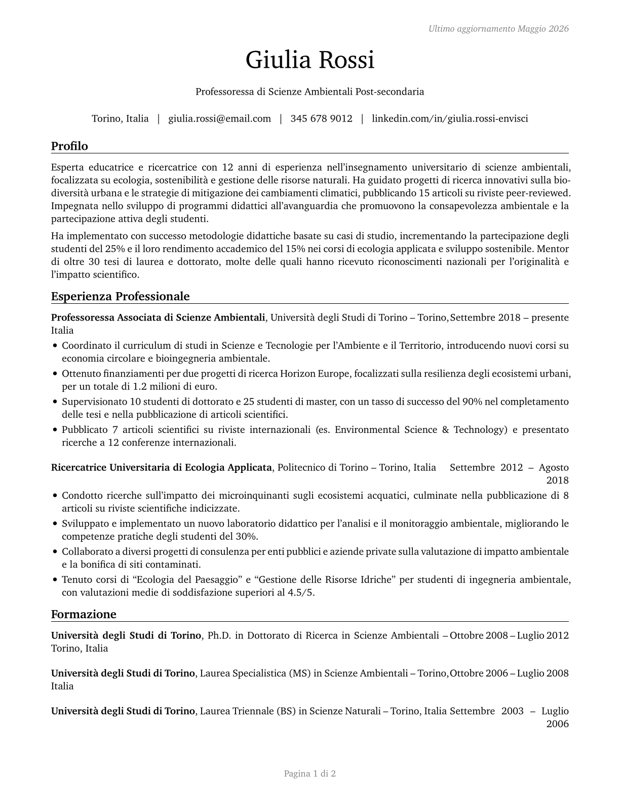 Environmental Science Teachers, Postsecondary CV in Italian — page 1