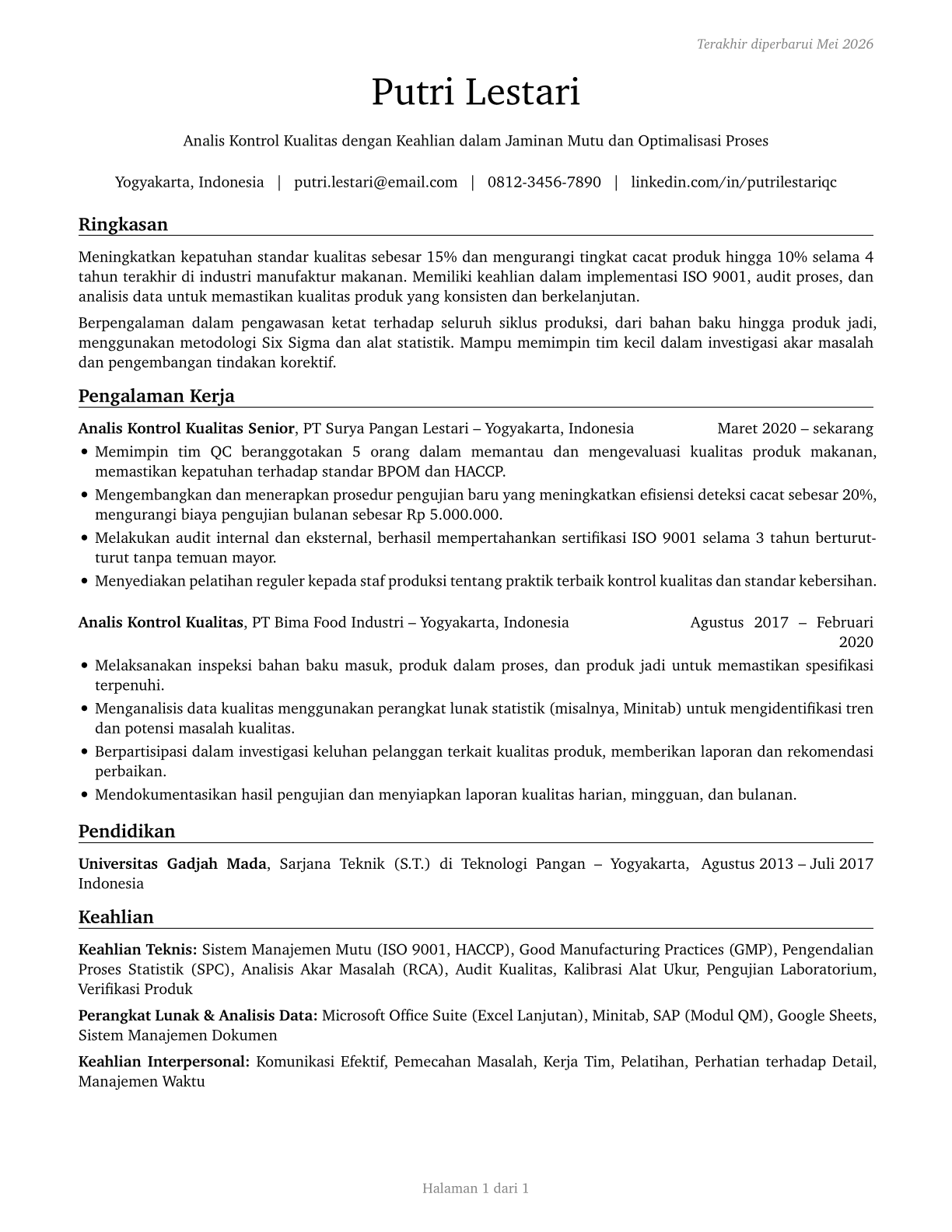 Quality Control Analysts CV in Indonesian — page 1