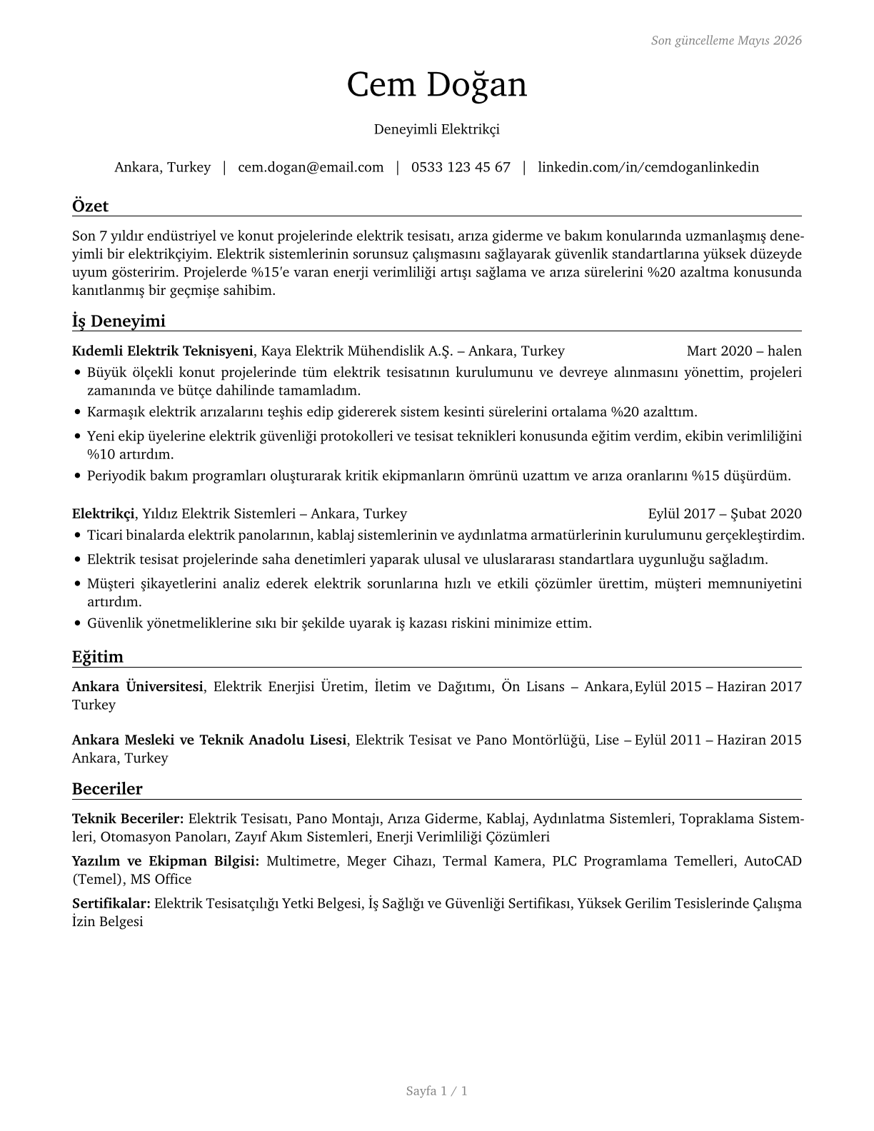 Electricians CV in Turkish — page 1