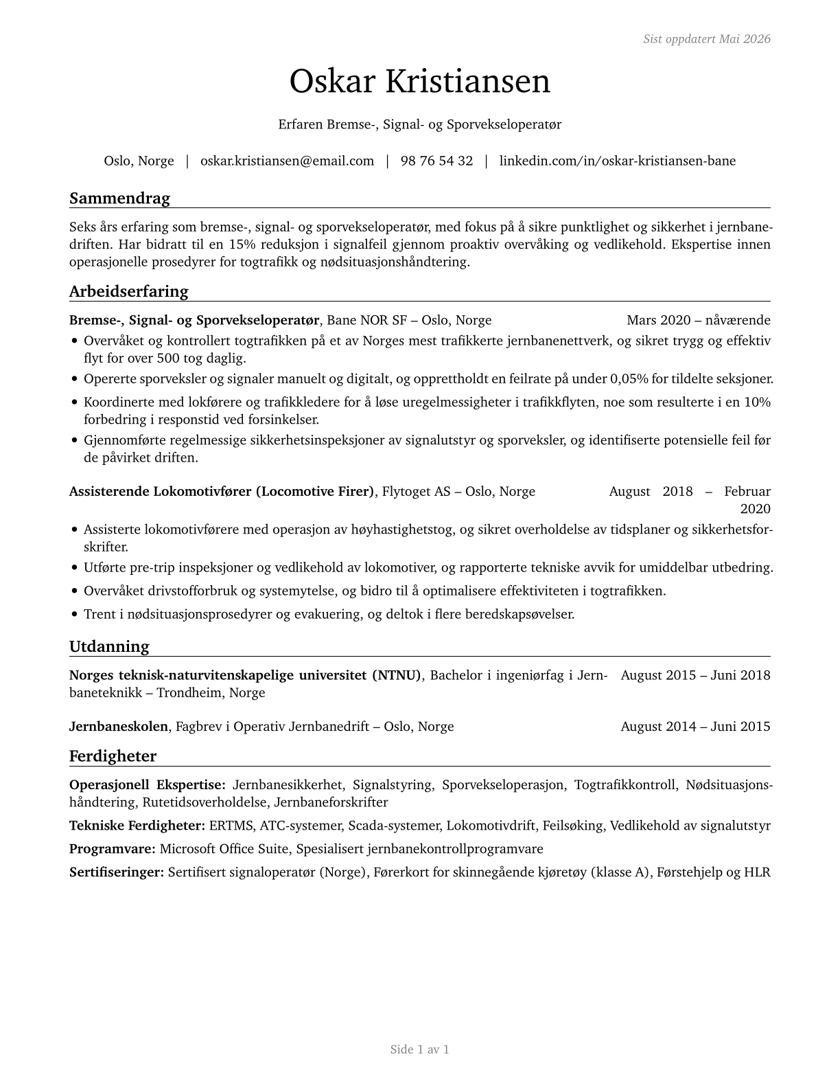 Railroad Brake, Signal, and Switch Operators and Locomotive Firers CV in Norwegian_bokmal — page 1