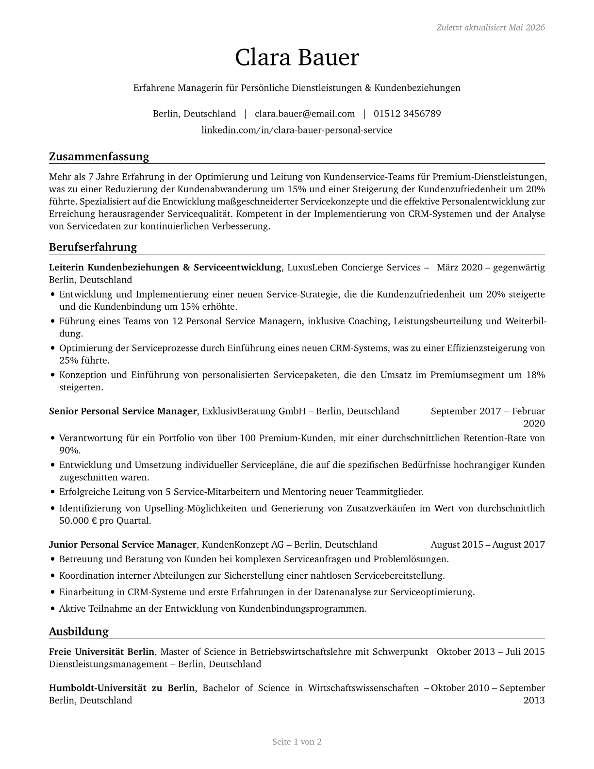 Personal Service Managers, All Other CV in German — page 1