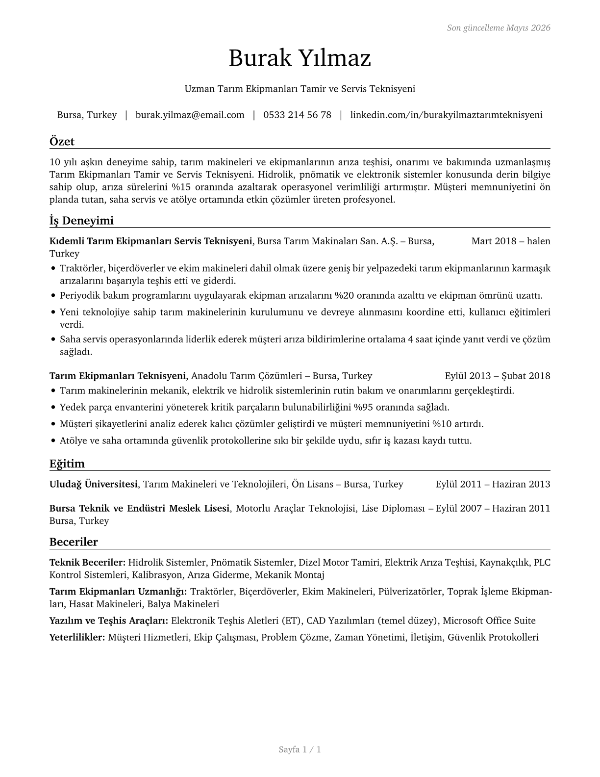 Farm Equipment Mechanics and Service Technicians CV in Turkish — page 1