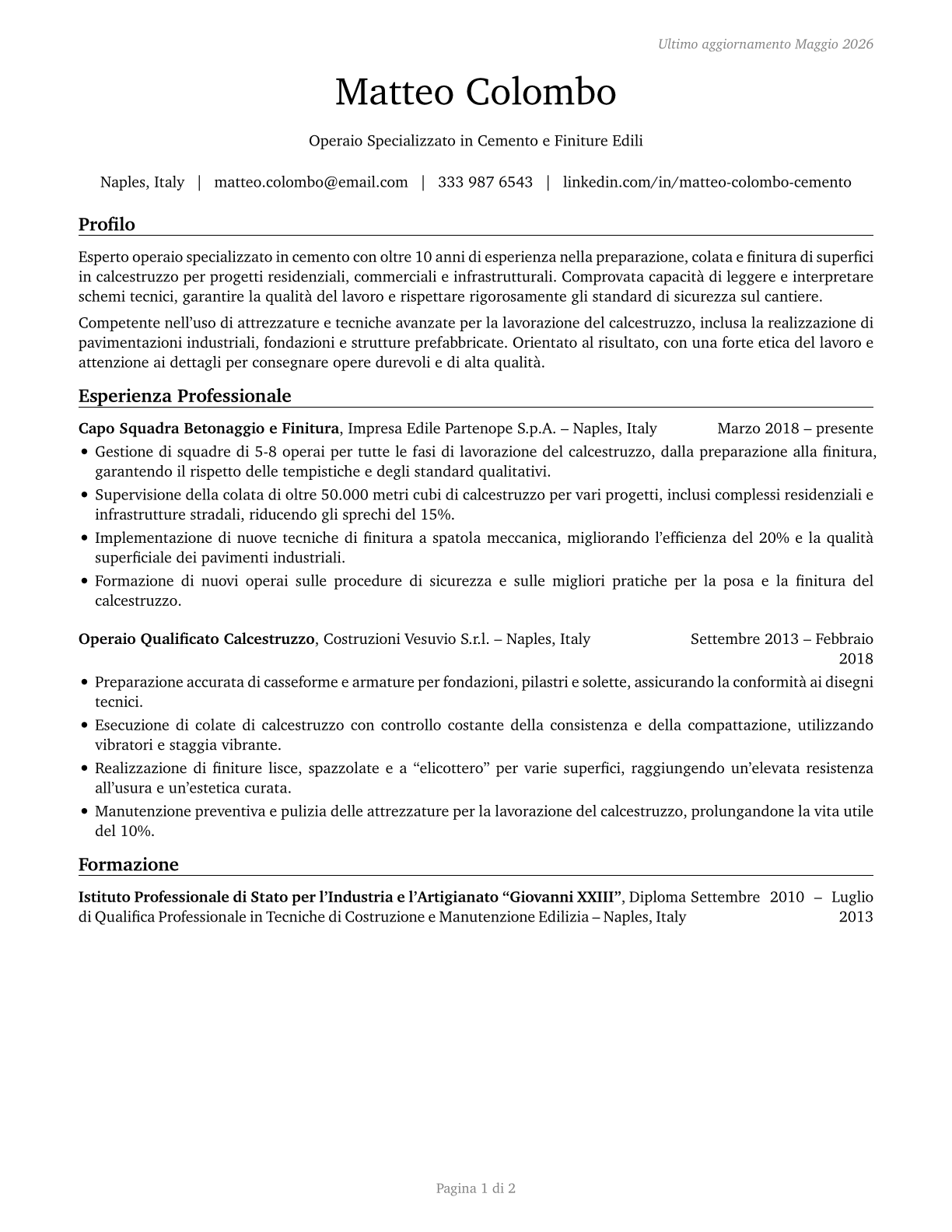 Cement Masons and Concrete Finishers CV in Italian — page 1