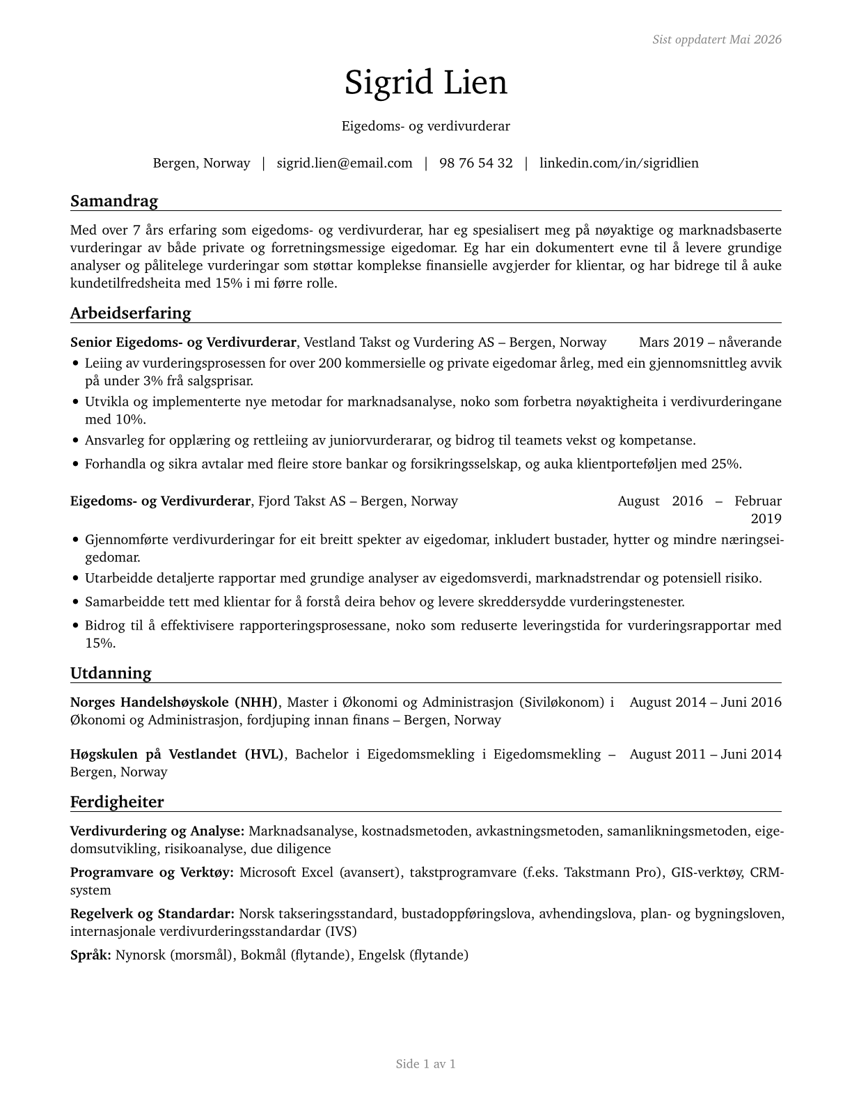 Appraisers of Personal and Business Property CV in Norwegian_nynorsk — page 1