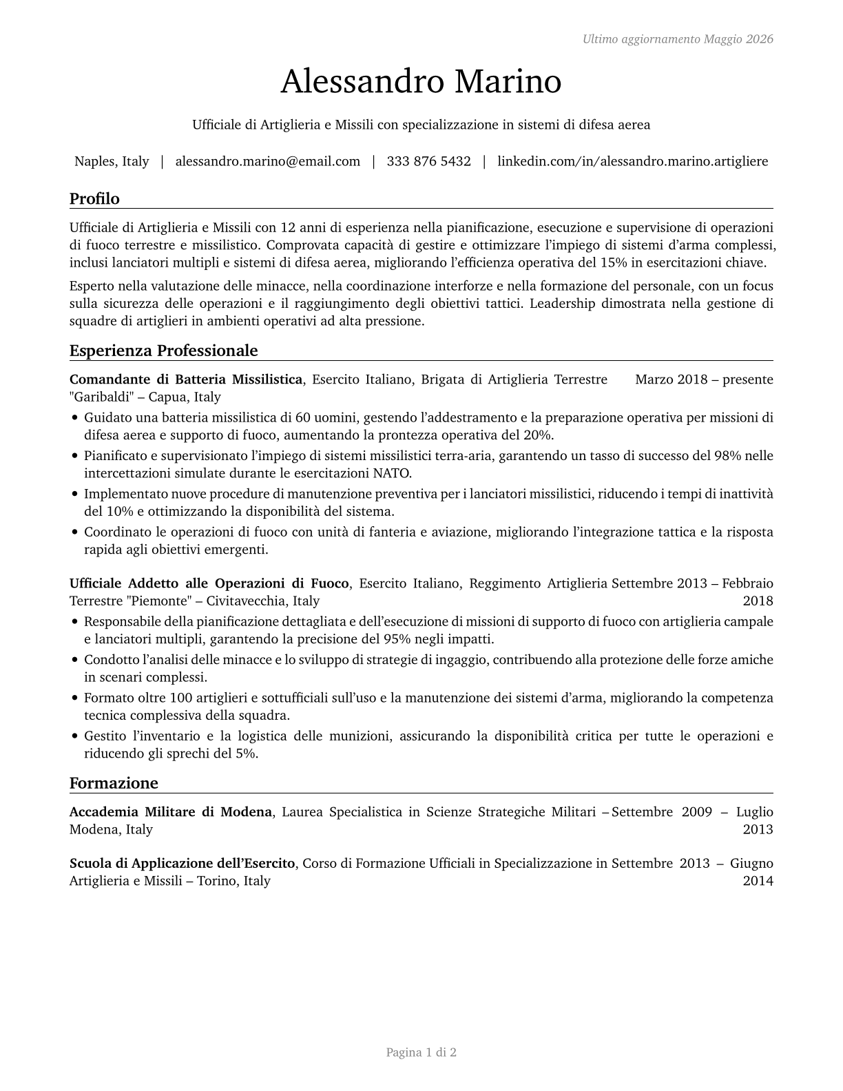 Artillery and Missile Officers CV in Italian — page 1