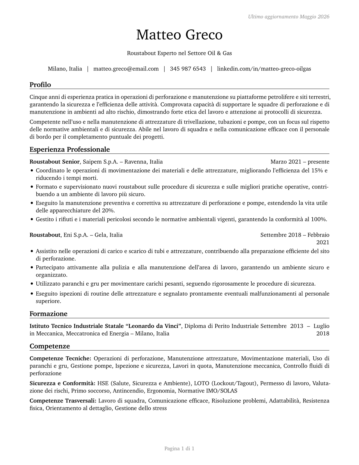 Roustabouts, Oil and Gas CV in Italian — page 1