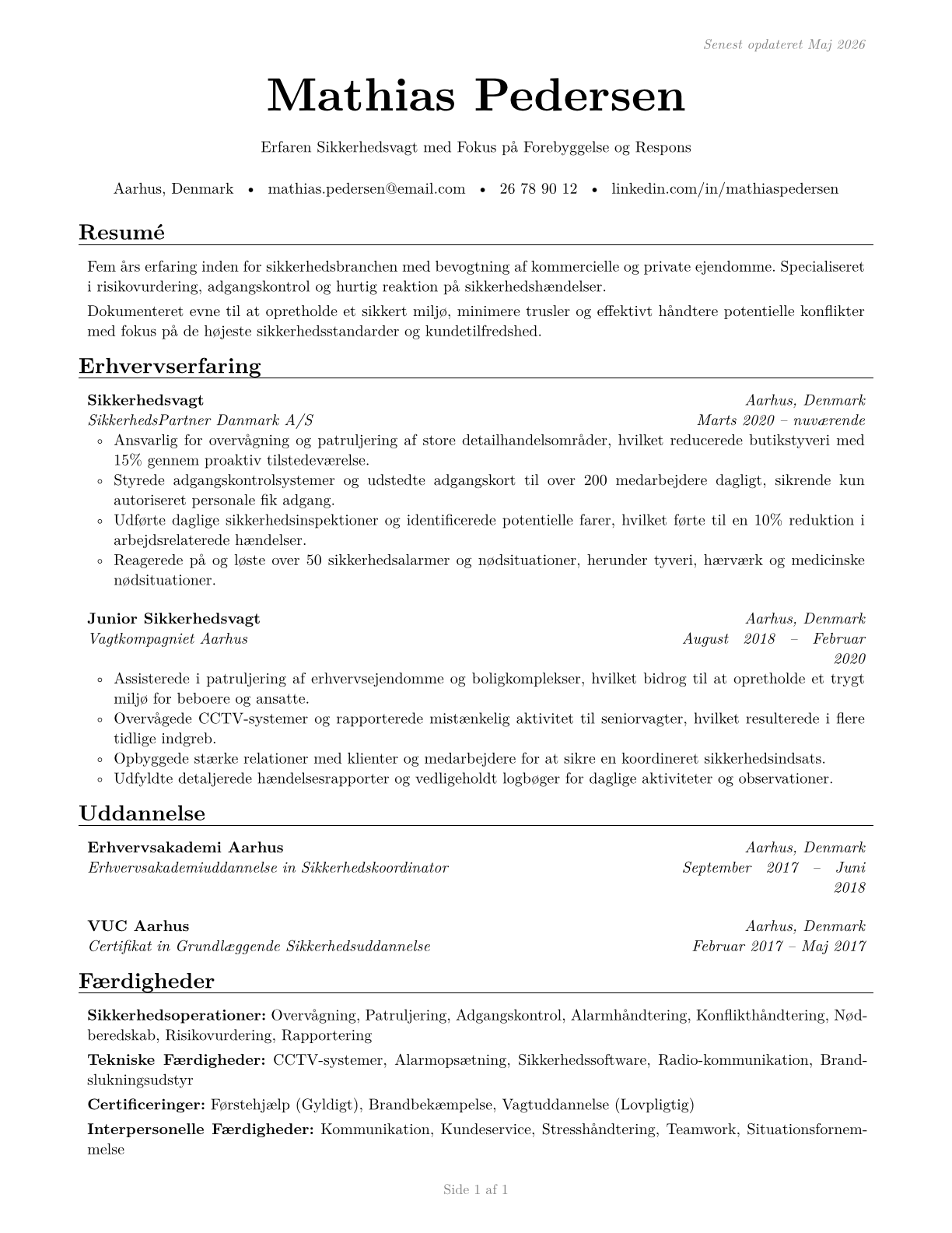 Security Guards CV in Danish — page 1
