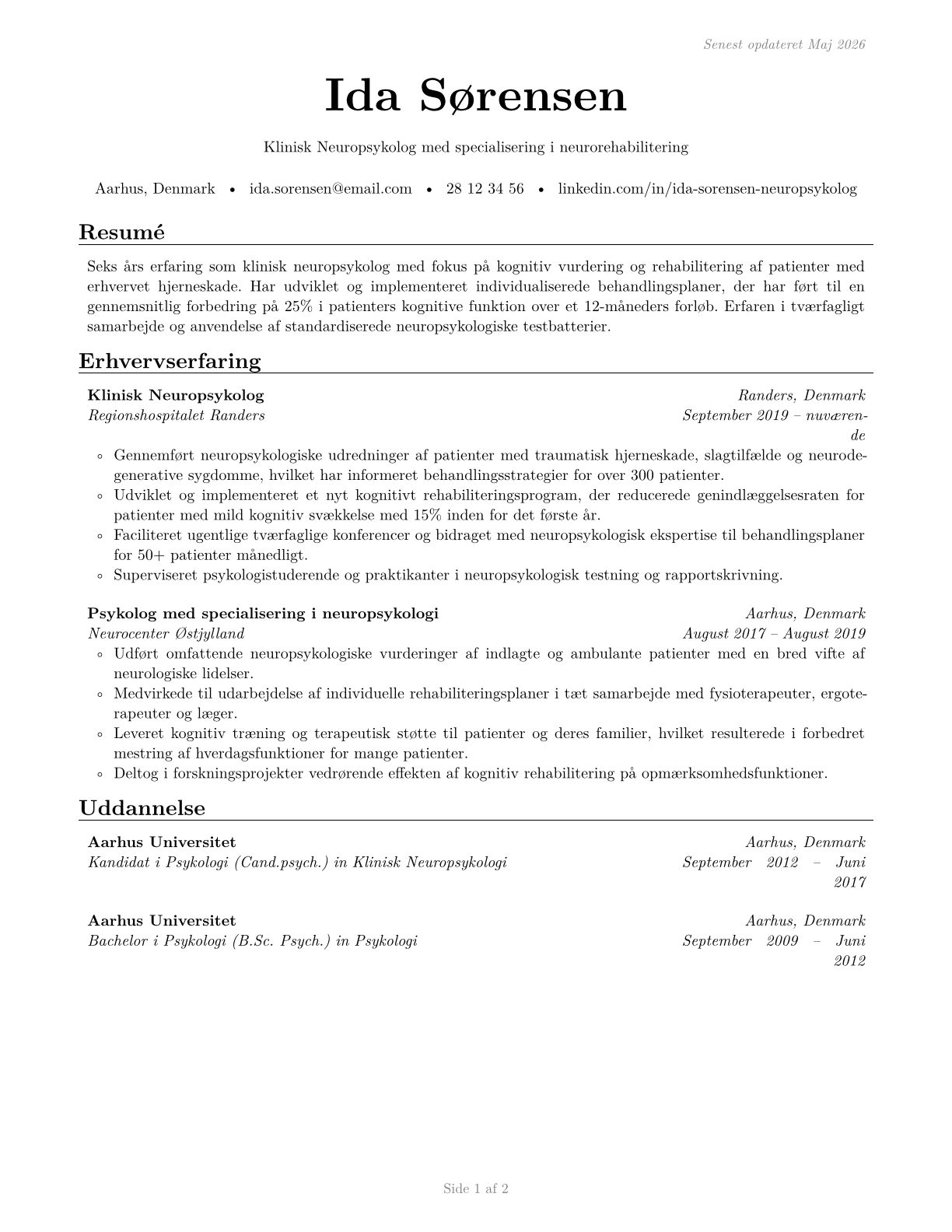 Clinical Neuropsychologists CV in Danish — page 1