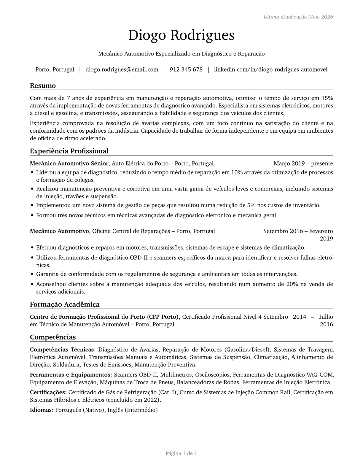 Automotive Service Technicians and Mechanics CV in Portuguese — page 1
